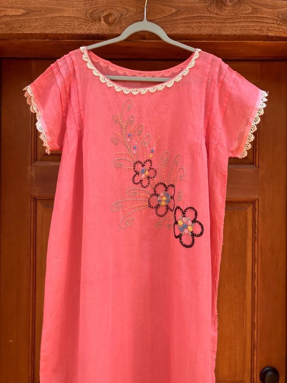1930's Embroidered Sheer Pink Cotton Dressing Gown Night Gown Dress floral lace - Picture 7 of 10